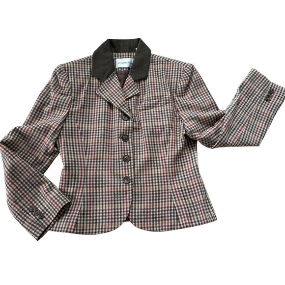 Vintage 100% Wool Tweed Fitted Blazer Jacket in Brown Tan Houndstooth Plaid, 8 - Picture 2 of 13